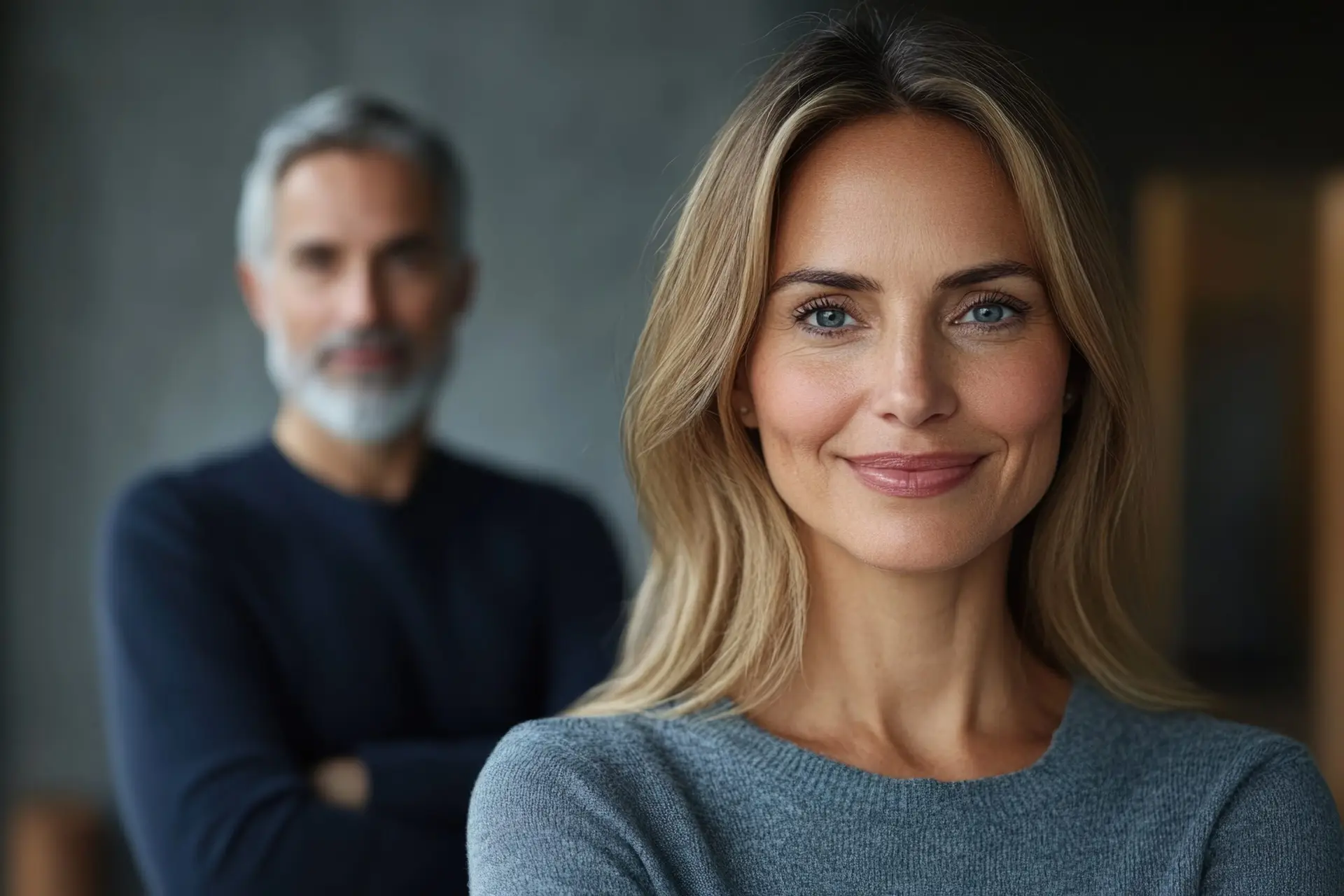 Smiling woman with long blonde hair in a gray sweater, standing in focus with a blurred man in the background, representing wellness and vitality related to hormone balance and health.