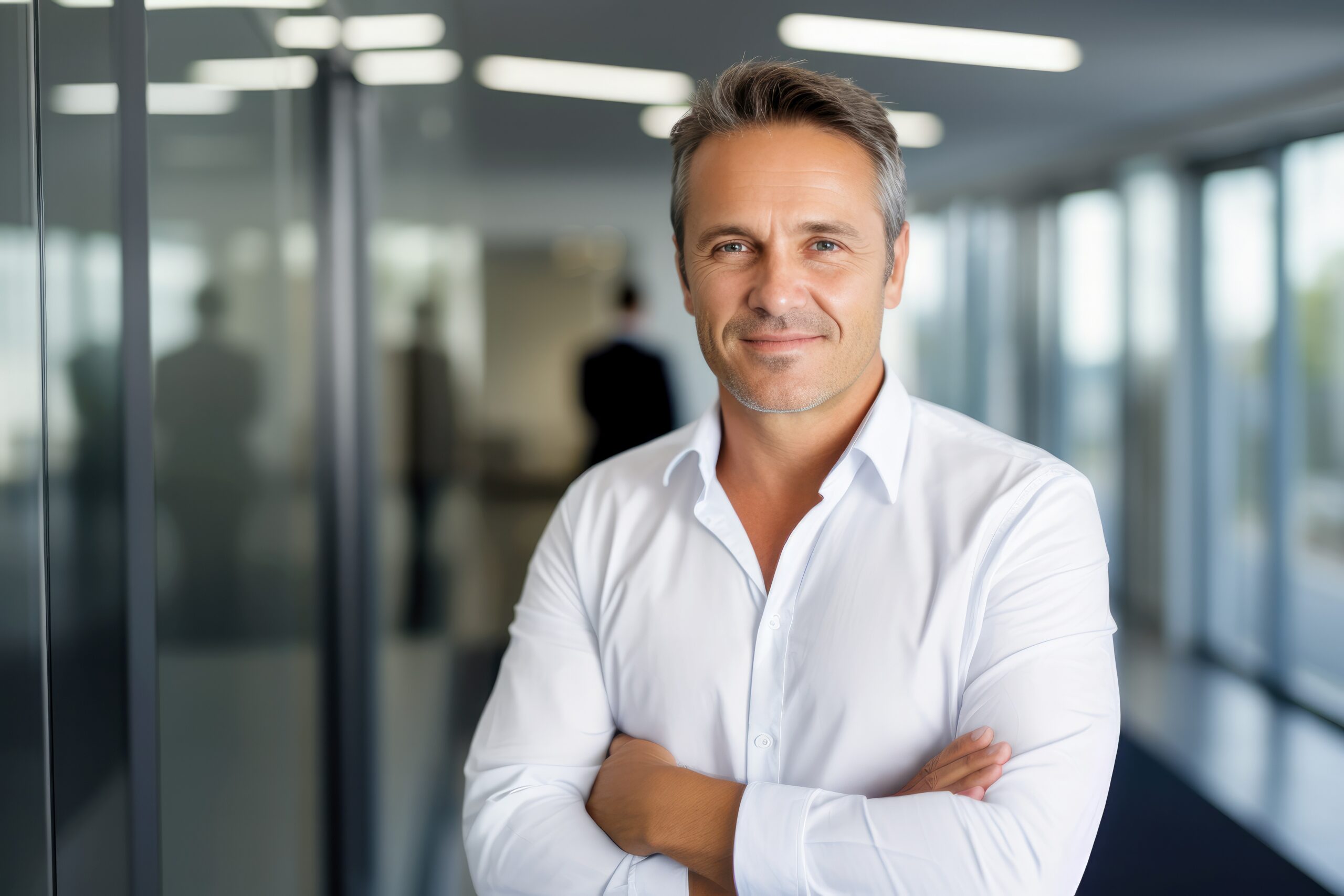 Confident middle-aged man in a white shirt, standing with arms crossed in a modern office setting, symbolizing vitality and wellness related to Men's Bioidentical Hormone Replacement Therapy.