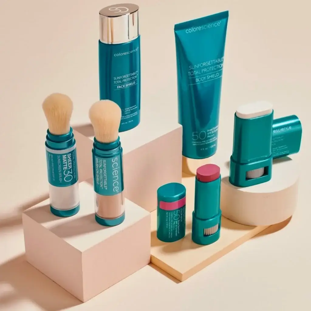 Colorescience medical-grade skincare products including Sunforgettable Total Protection Face Shield and Body Shield, featuring mineral-based formulas for sun protection and skin enhancement.