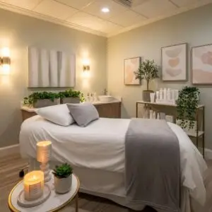 Inviting medical spa environment with treatment room and skincare products