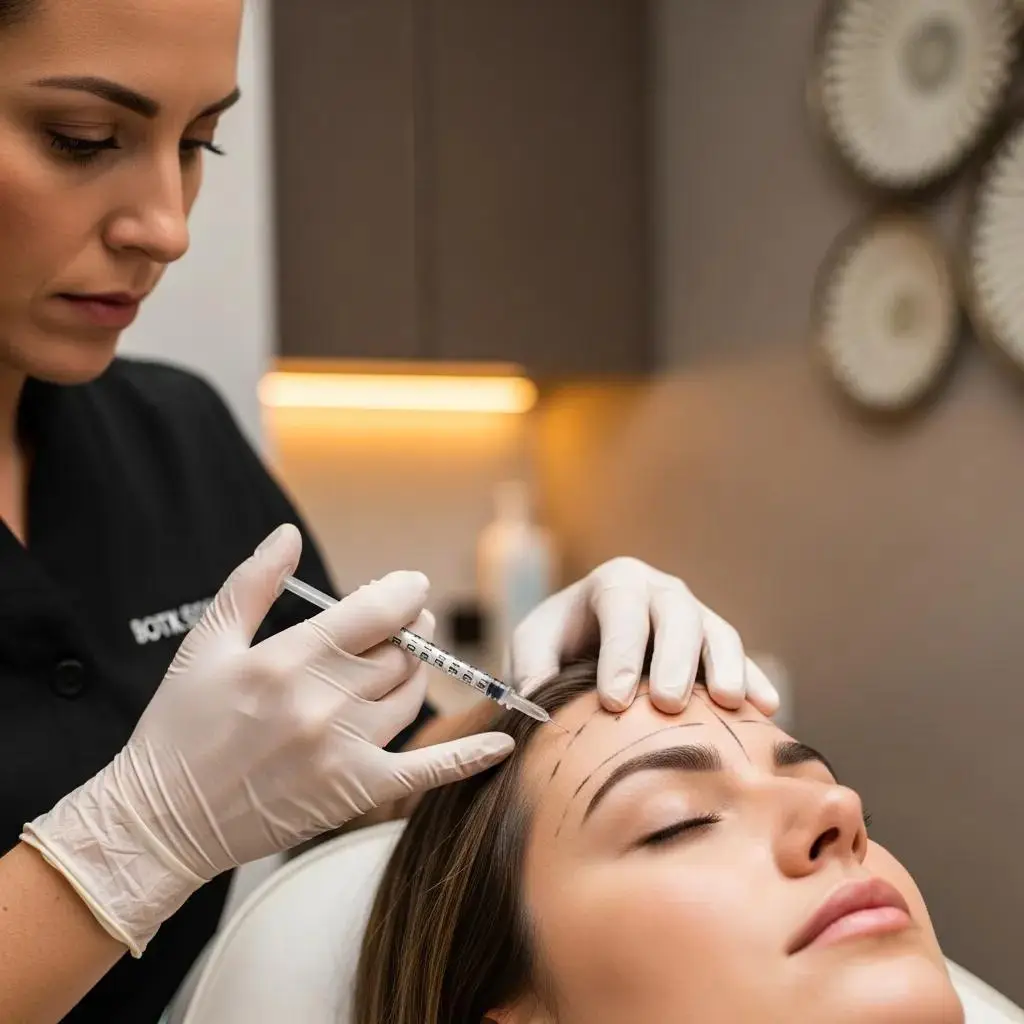 Professional administering Botox treatment in a calming medical spa setting, focusing on facial rejuvenation and wrinkle reduction.