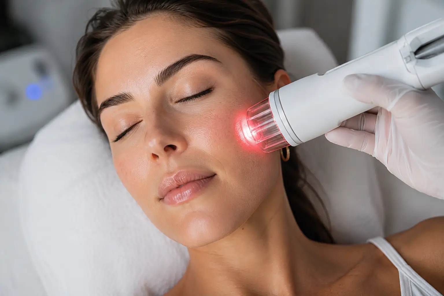 Woman receiving a CO2 laser skin treatment on her cheek at SP Aesthetics in Wellington, FL.