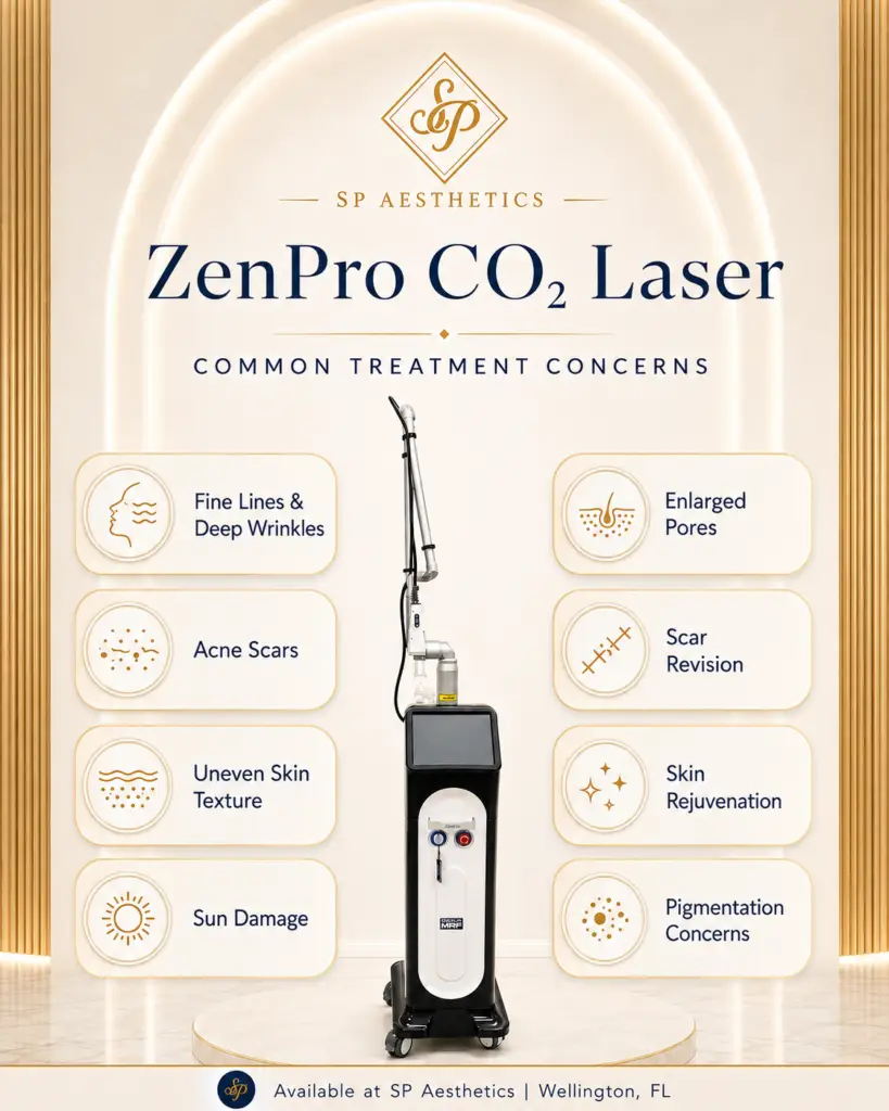 Infographic for ZenPro CO2 Laser at SP Aesthetics showing common treatment concerns including fine lines, deep wrinkles, acne scars, uneven skin texture, sun damage, enlarged pores, scar revision, skin rejuvenation, and pigmentation concerns.